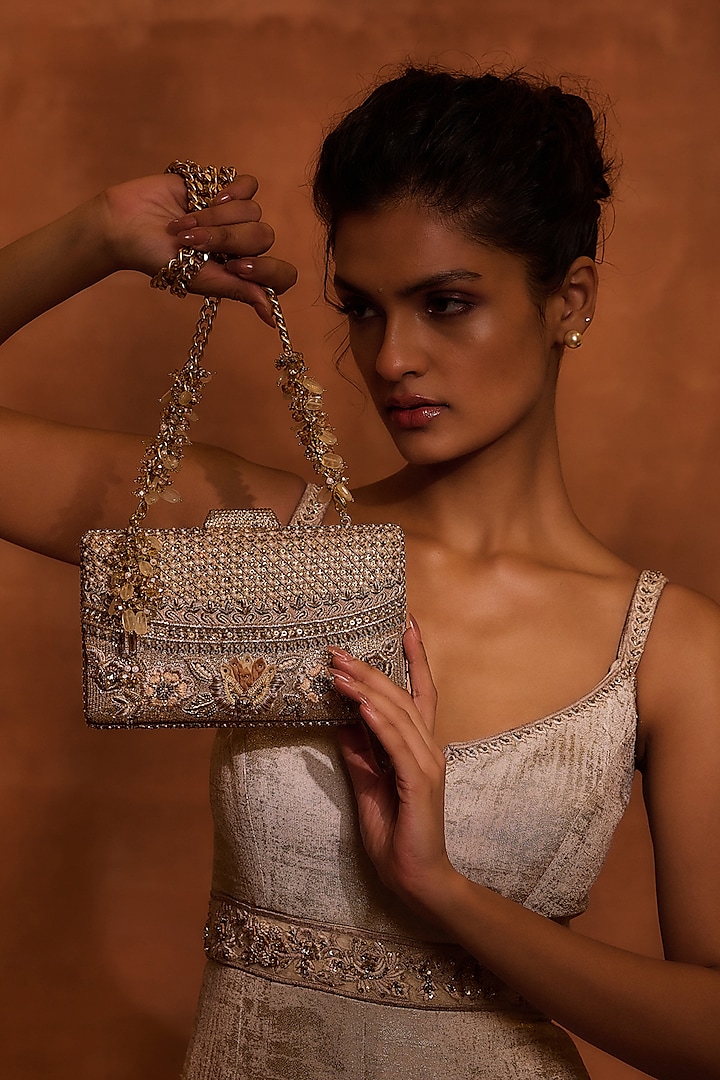 Antique Gold Poly Organza & Viscose Hand Embroidered clutch by Tarun Tahiliani Accessories