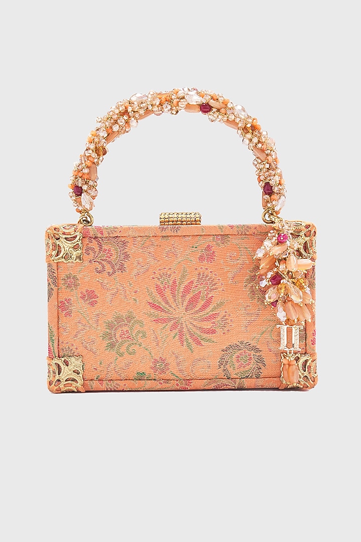 Orange Brocade & Viscose Satin Beaded Tassel Embellished clutch by Tarun Tahiliani Accessories at Pernia's Pop Up Shop