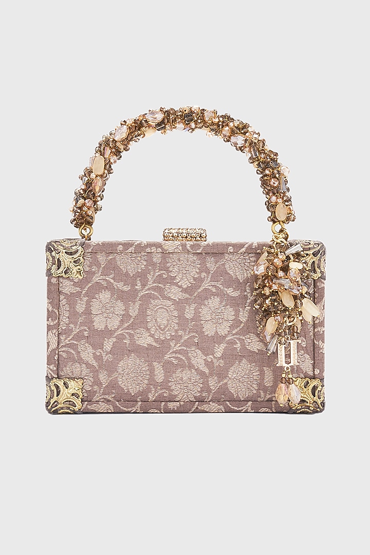 Taupe Brocade & Viscose Satin Beaded Tassel Embellished clutch by Tarun Tahiliani Accessories at Pernia's Pop Up Shop