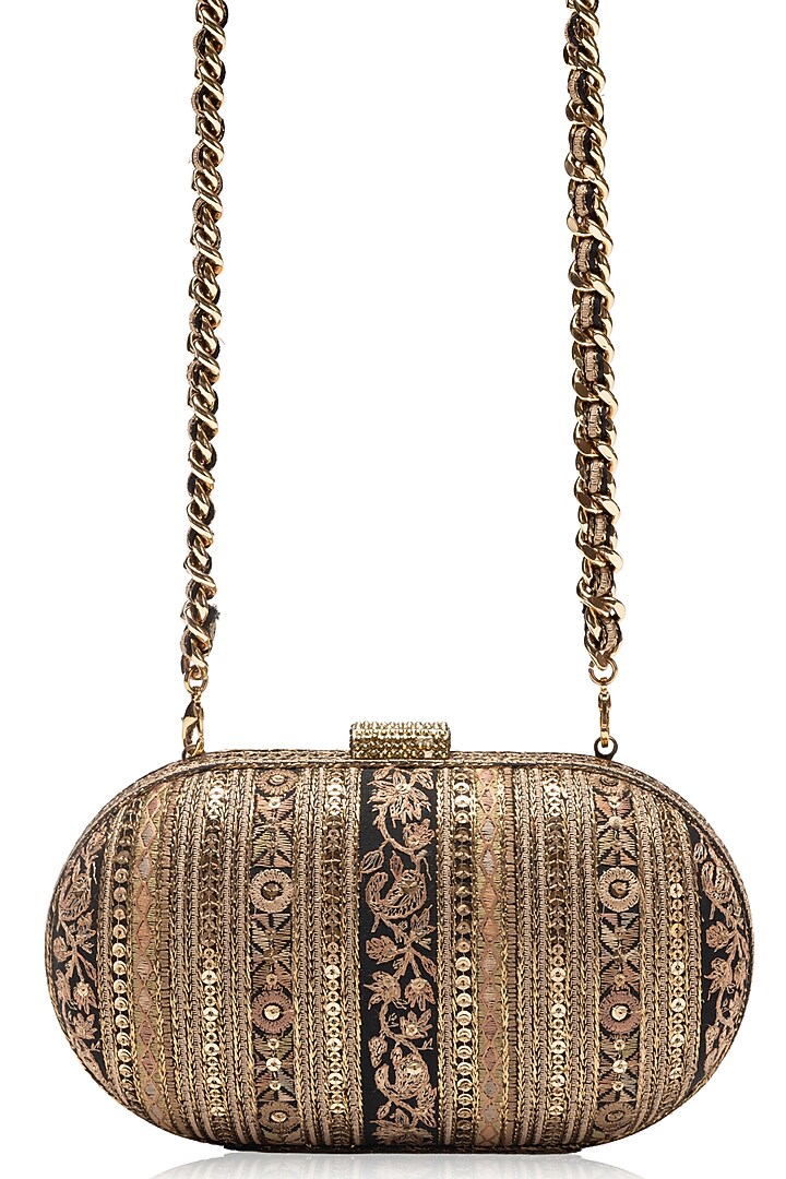 Black & Gold Chanderi Floral Embellished Clutch by Tarun Tahiliani Accessories at Pernia's Pop Up Shop