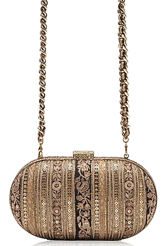 Black & Gold Chanderi Floral Embellished Clutch by Tarun Tahiliani Accessories