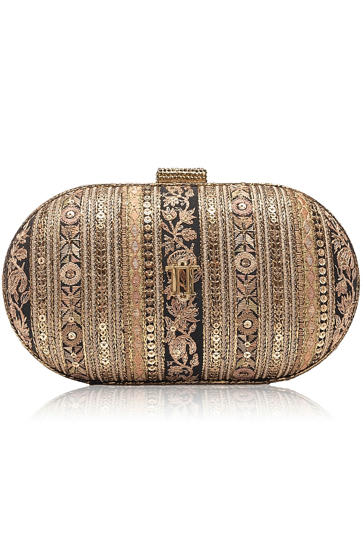 Black & Gold Chanderi Floral Embellished Clutch by Tarun Tahiliani Accessories at Pernia's Pop Up Shop