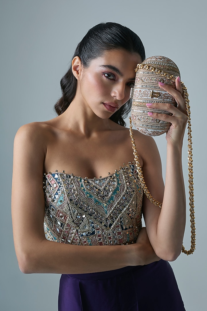 Ivory Gold Viscose Satin Clutch by Tarun Tahiliani Accessories at Pernia's Pop Up Shop
