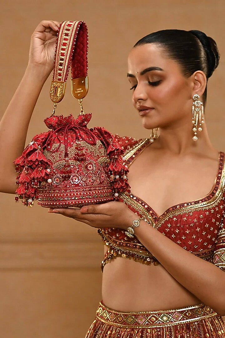 Red Viscose Satin Swarovski & Zari Work Potli by Tarun Tahiliani Accessories at Pernia's Pop Up Shop