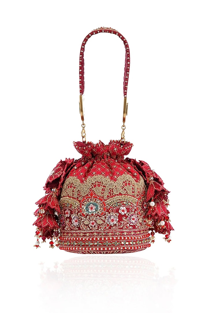 Red Viscose Satin Swarovski & Zari Work Potli by Tarun Tahiliani Accessories at Pernia's Pop Up Shop