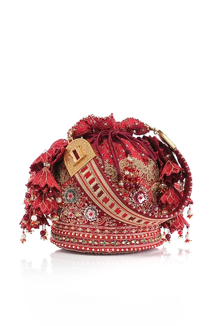Red Viscose Satin Swarovski & Zari Work Potli by Tarun Tahiliani Accessories at Pernia's Pop Up Shop