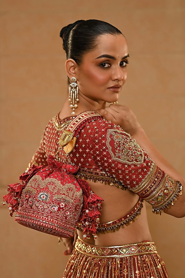Red Viscose Satin Swarovski & Zari Work Potli by Tarun Tahiliani Accessories at Pernia's Pop Up Shop