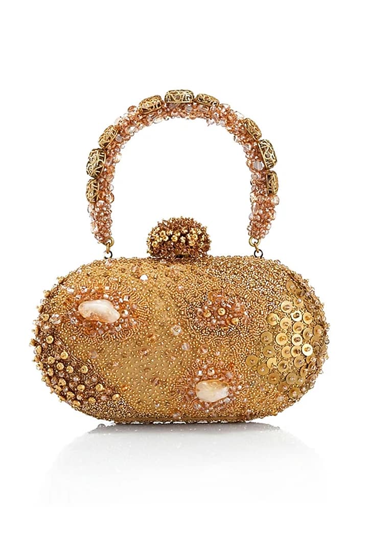 Gold Brass Zari & Crystal Work Clutch by Tarun Tahiliani Accessories at Pernia's Pop Up Shop