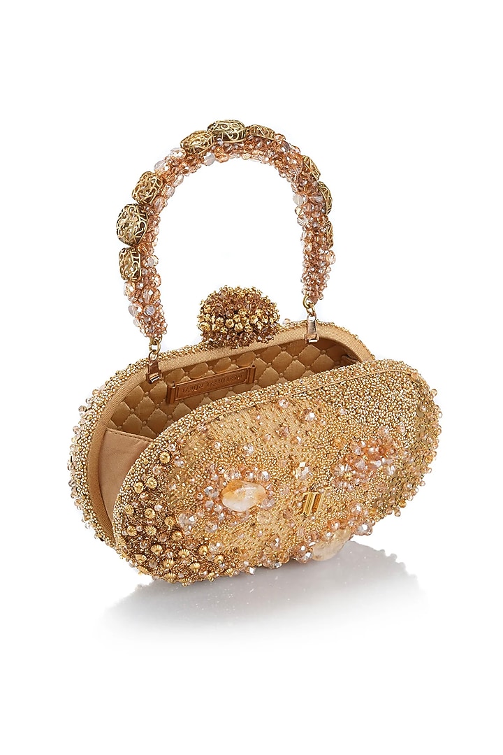 Gold Brass Zari & Crystal Work Clutch by Tarun Tahiliani Accessories at Pernia's Pop Up Shop
