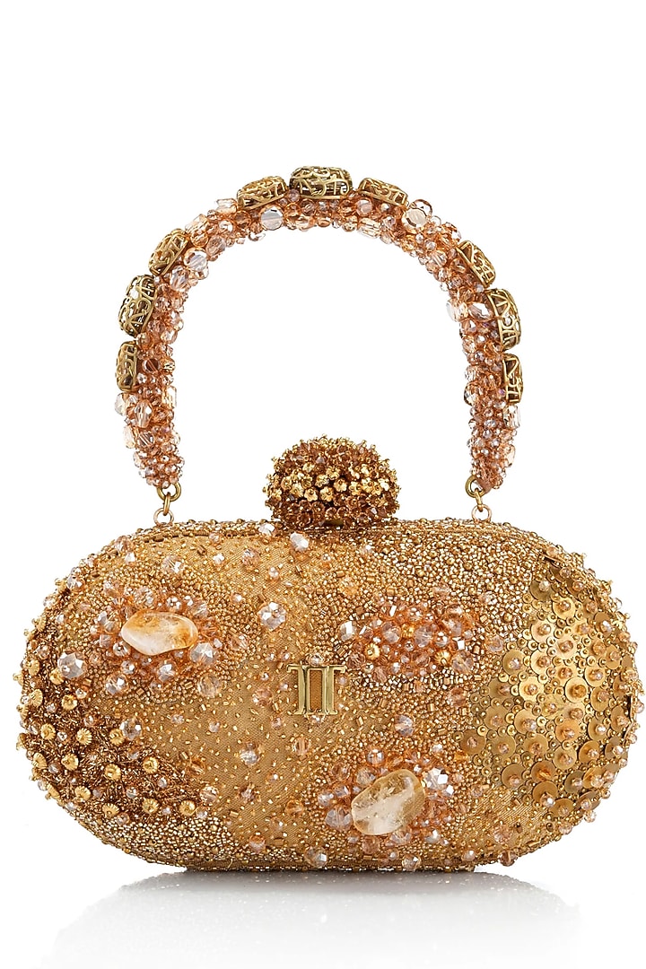 Gold Brass Zari & Crystal Work Clutch by Tarun Tahiliani Accessories at Pernia's Pop Up Shop