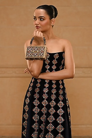 Black Viscose Satin Clutch by Tarun Tahiliani Accessories