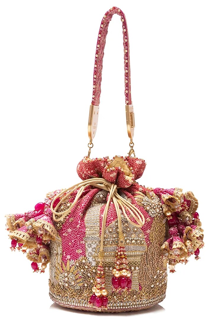 Red Viscose Satin Swarovski & Zari Work Potli by Tarun Tahiliani Accessories at Pernia's Pop Up Shop