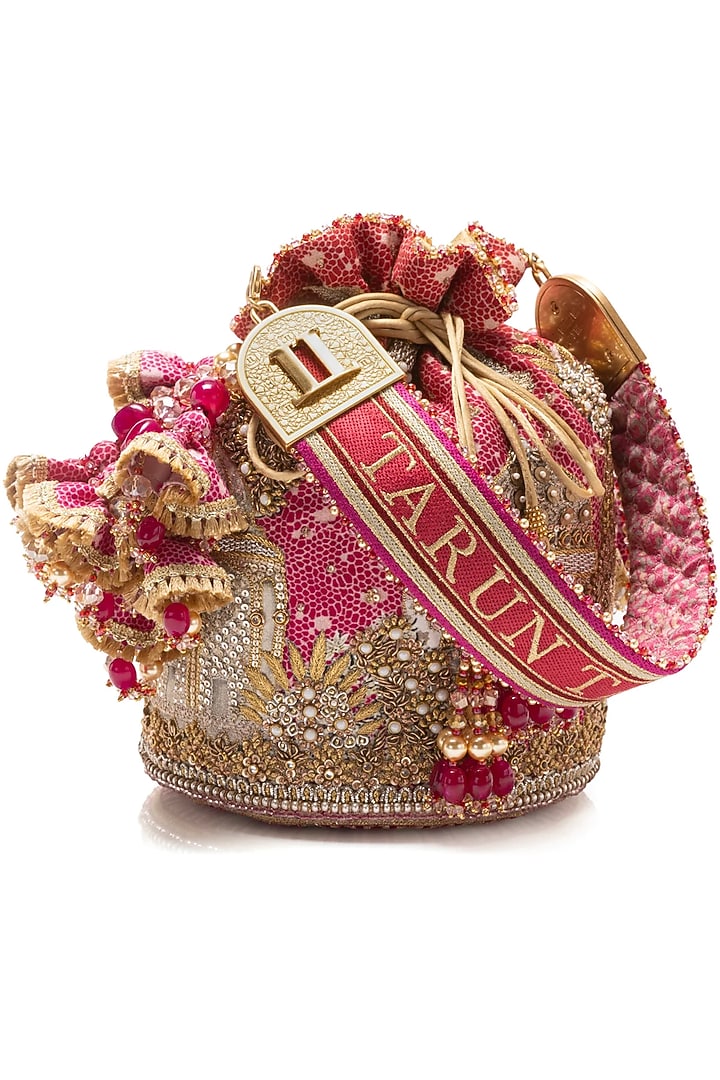 Red Viscose Satin Swarovski & Zari Work Potli by Tarun Tahiliani Accessories at Pernia's Pop Up Shop