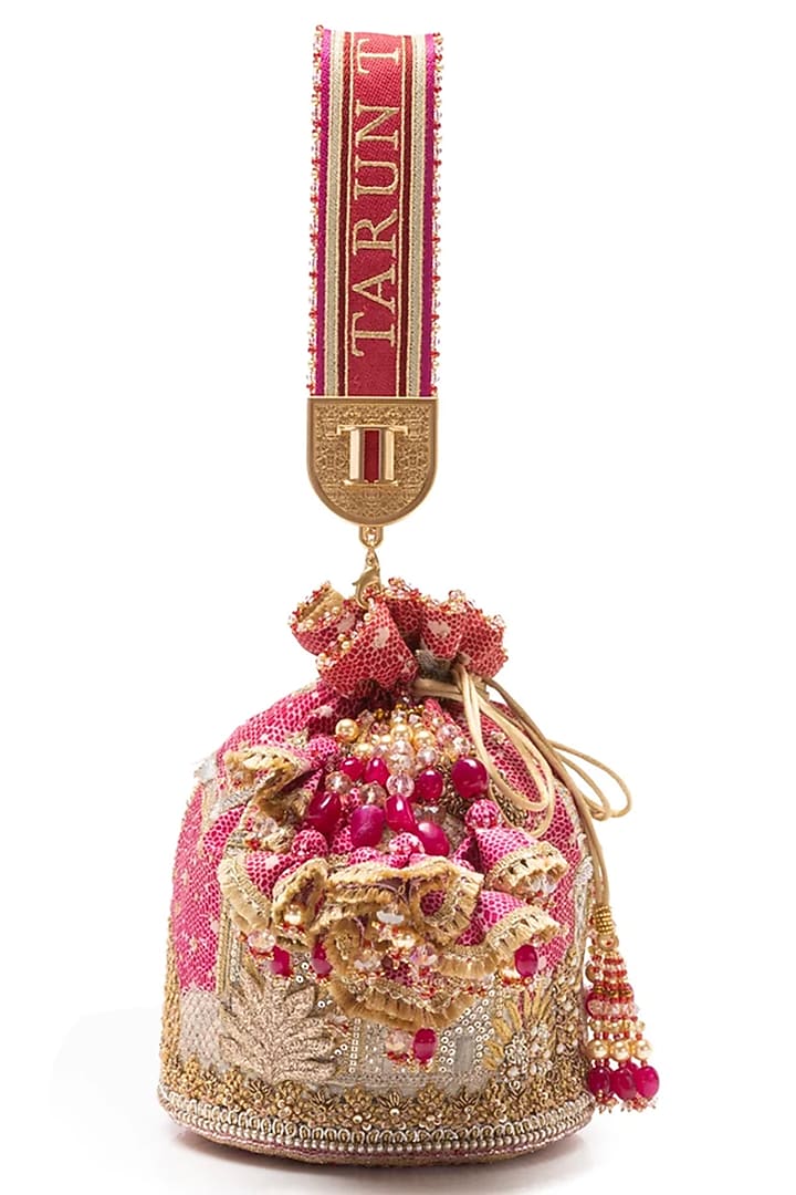 Red Viscose Satin Swarovski & Zari Work Potli by Tarun Tahiliani Accessories at Pernia's Pop Up Shop