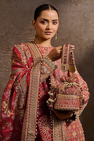 Maroon Brass Kashida Embroidered Potli by Tarun Tahiliani Accessories