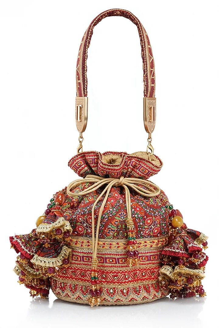 Maroon Brass Kashida Embroidered Potli by Tarun Tahiliani Accessories at Pernia's Pop Up Shop