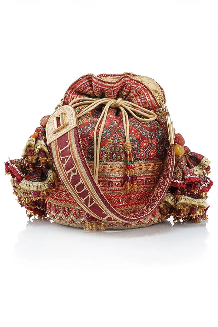 Maroon Brass Kashida Embroidered Potli by Tarun Tahiliani Accessories at Pernia's Pop Up Shop