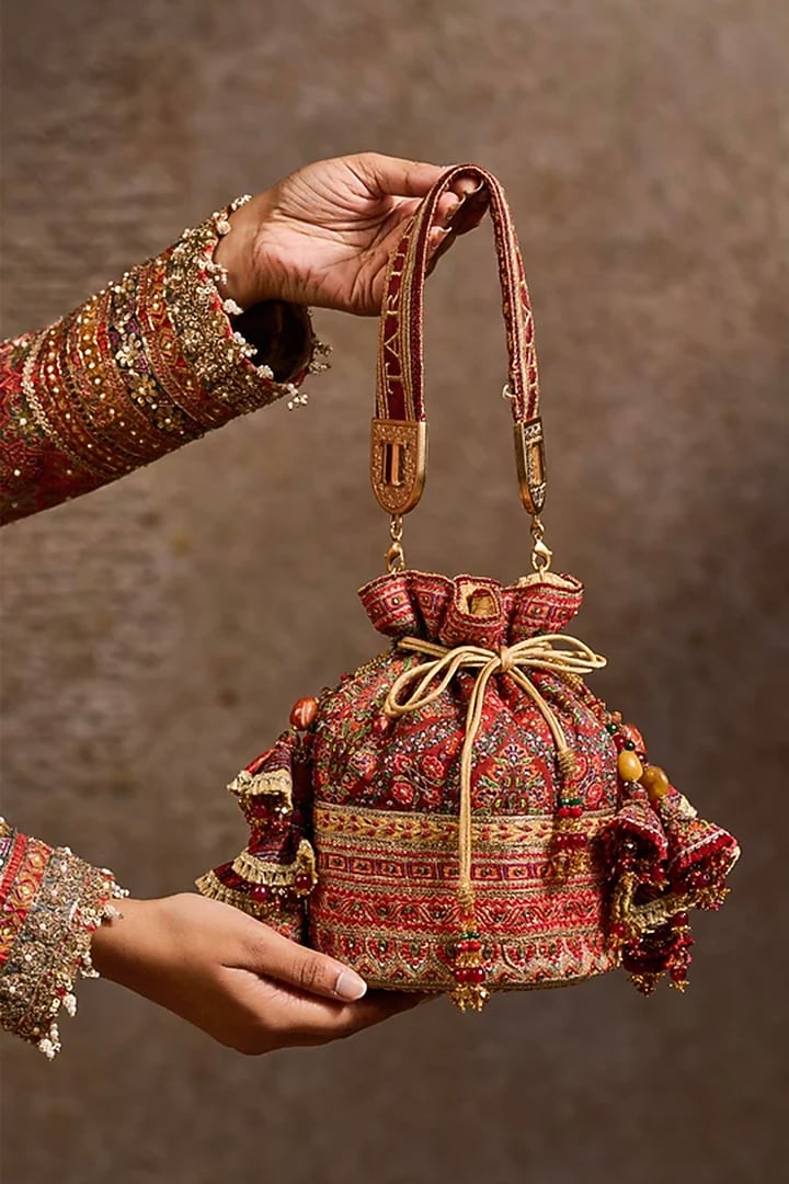 Maroon Brass Kashida Embroidered Potli by Tarun Tahiliani Accessories at Pernia's Pop Up Shop