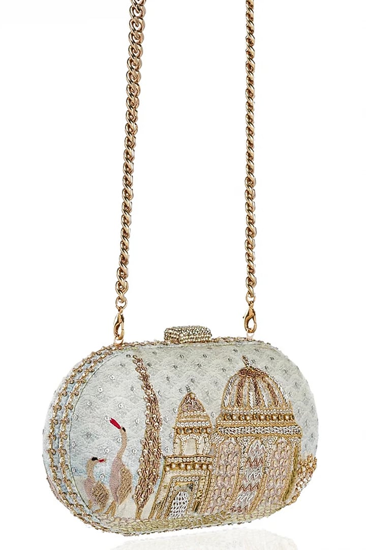 Powder Blue Viscose Satin Clutch by Tarun Tahiliani Accessories at Pernia's Pop Up Shop