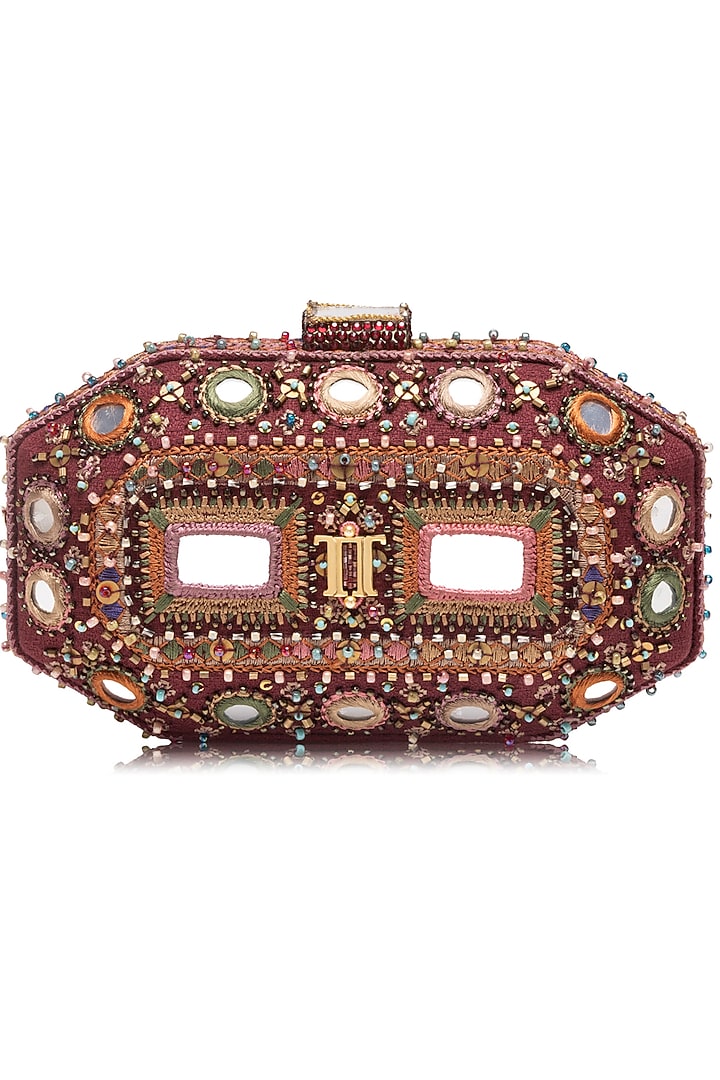 Maroon Cotton Moss Mirror Embellished Clutch by Tarun Tahiliani Accessories at Pernia's Pop Up Shop