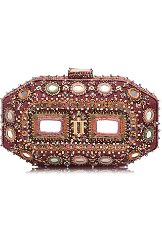 Maroon Cotton Moss Mirror Embellished Clutch by Tarun Tahiliani Accessories