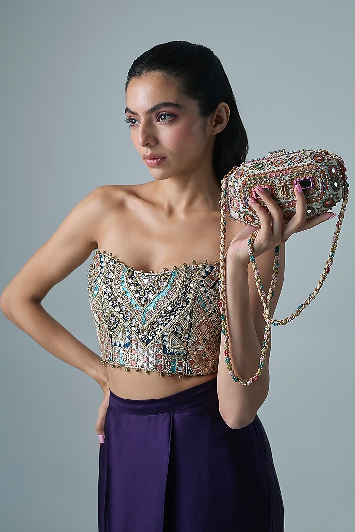 Ivory & Multi-Colored Viscose Satin Clutch by Tarun Tahiliani Accessories at Pernia's Pop Up Shop