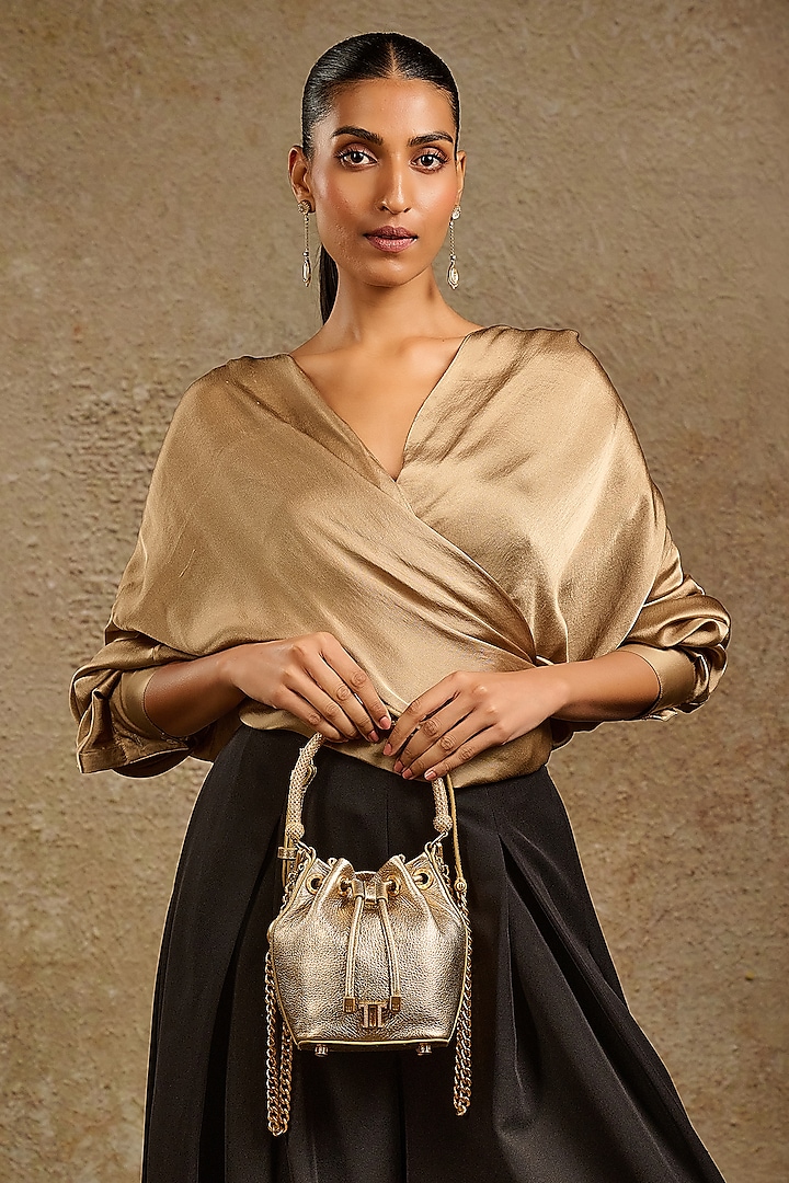 Gold Leather Bucket Bag by Tarun Tahiliani Accessories at Pernia's Pop Up Shop