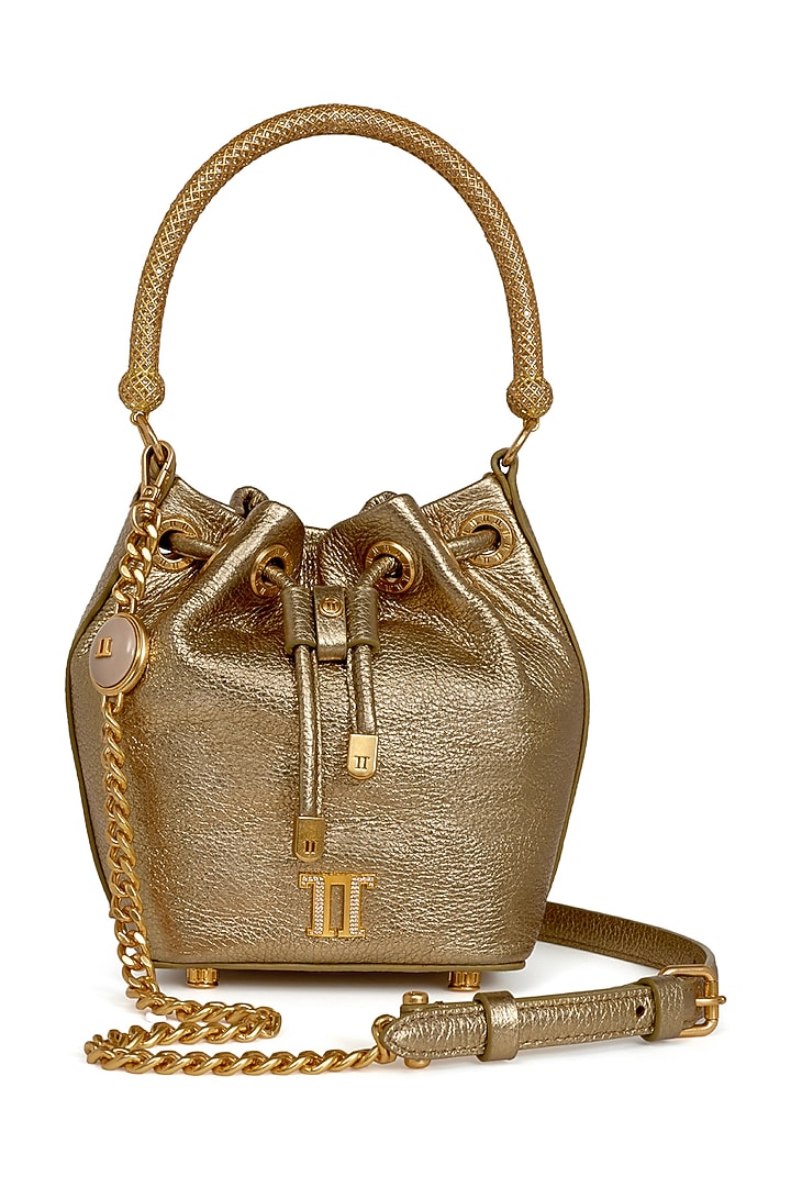 Gold Leather Bucket Bag by Tarun Tahiliani Accessories at Pernia's Pop Up Shop