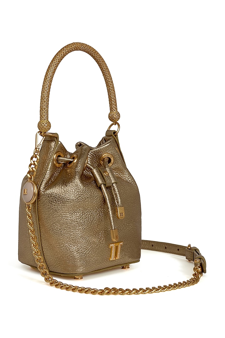 Gold Leather Bucket Bag by Tarun Tahiliani Accessories at Pernia's Pop Up Shop