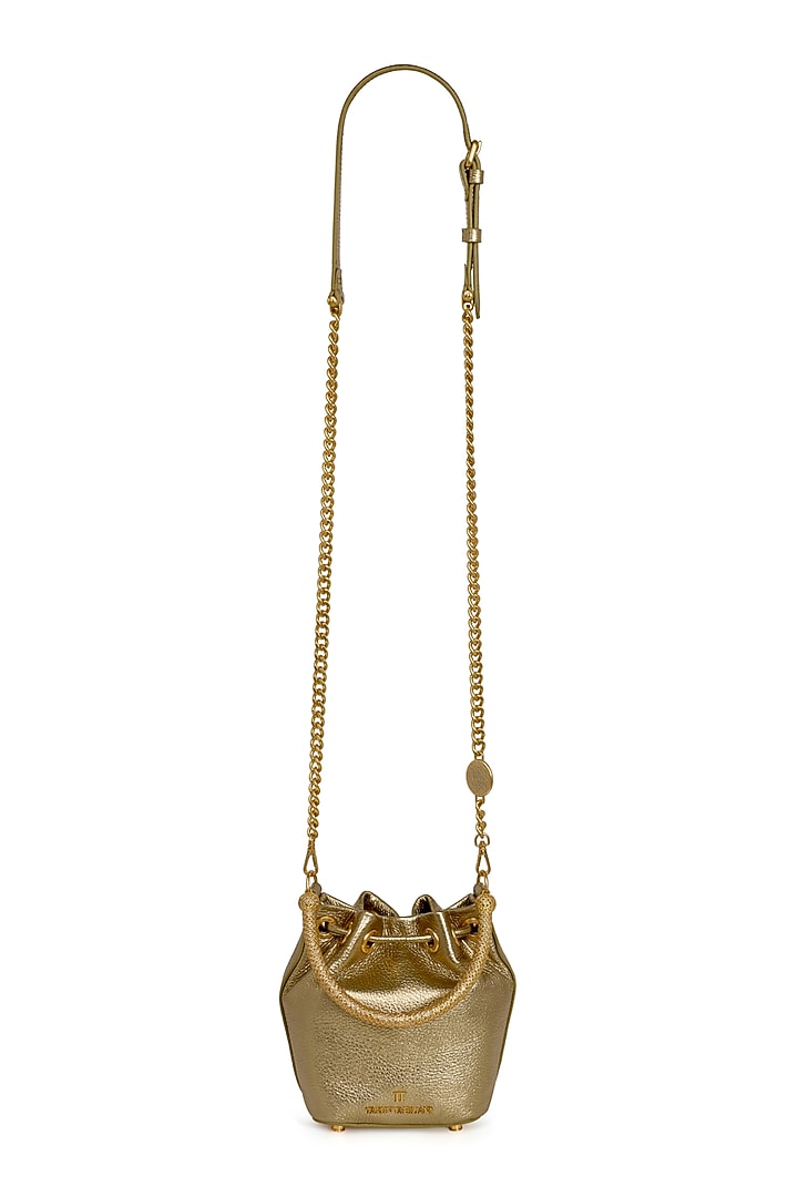 Gold Leather Bucket Bag by Tarun Tahiliani Accessories at Pernia's Pop Up Shop