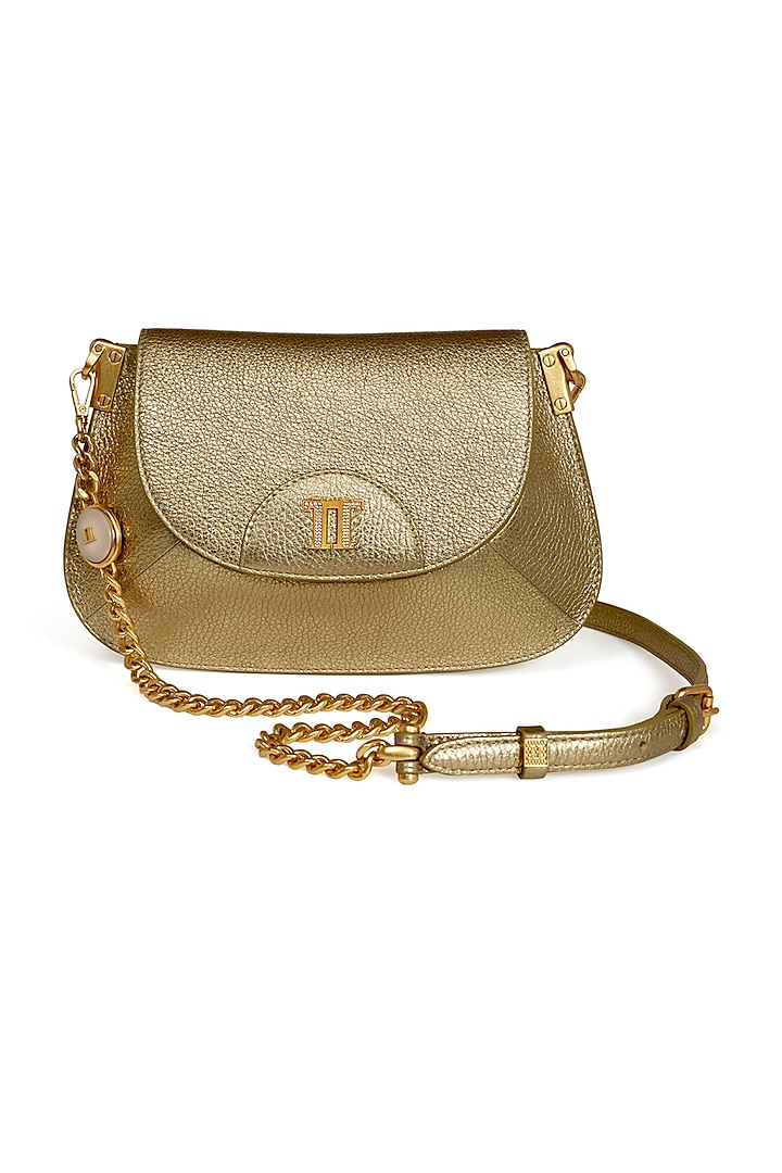 Gold Leather Sling Bag by Tarun Tahiliani Accessories at Pernia's Pop Up Shop