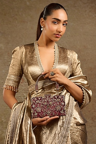 Wine Velvet Crystal Embroidered Clutch by Tarun Tahiliani Accessories