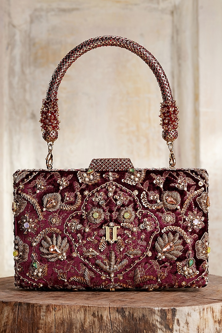 Wine Velvet Crystal Embroidered Clutch by Tarun Tahiliani Accessories at Pernia's Pop Up Shop