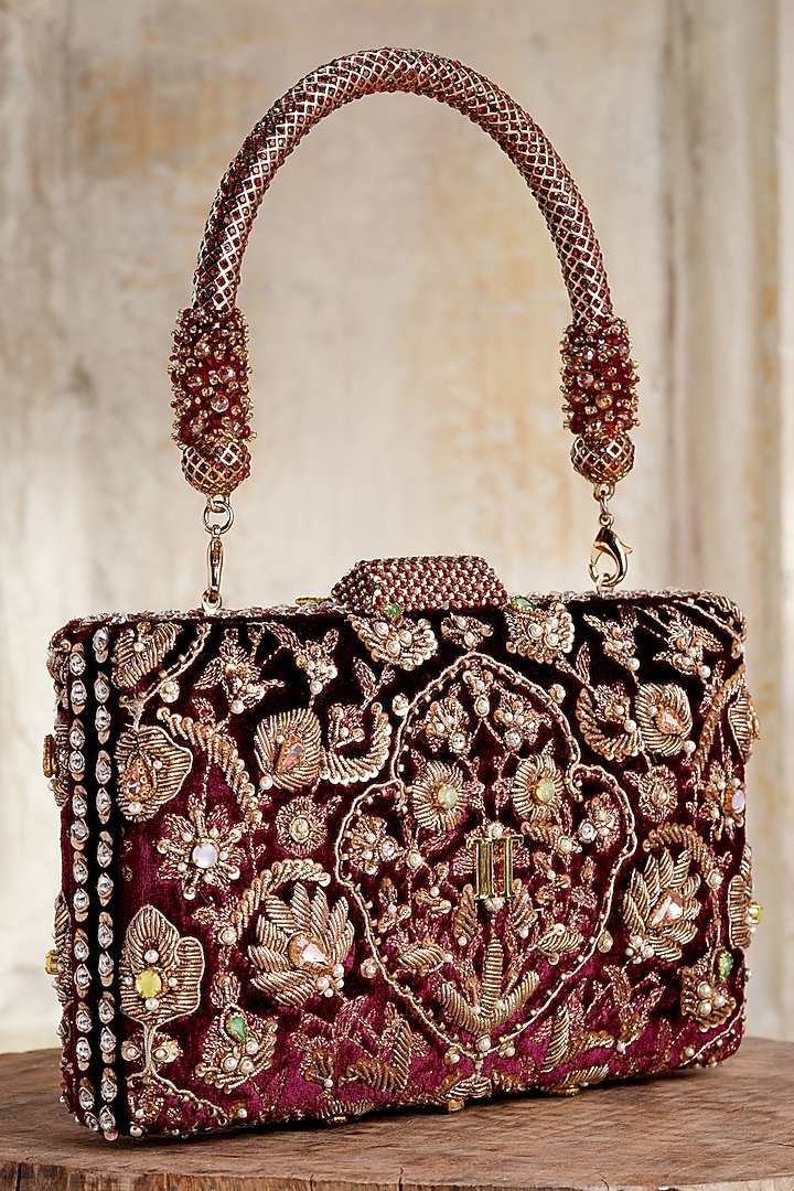 Wine Velvet Crystal Embroidered Clutch by Tarun Tahiliani Accessories at Pernia's Pop Up Shop