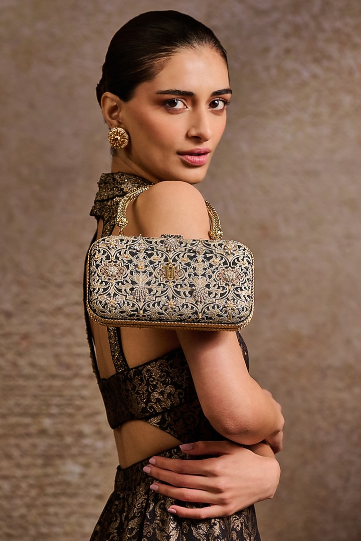 Black Organza & Metal Beads Embroidered Clutch by Tarun Tahiliani Accessories at Pernia's Pop Up Shop