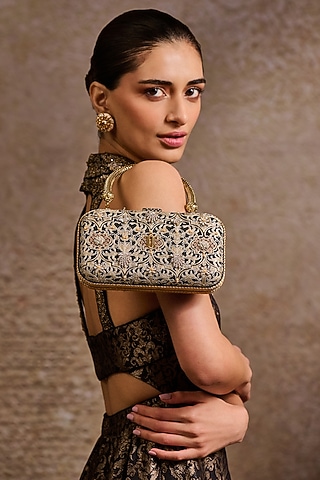 Black Organza & Metal Beads Embroidered Clutch by Tarun Tahiliani Accessories