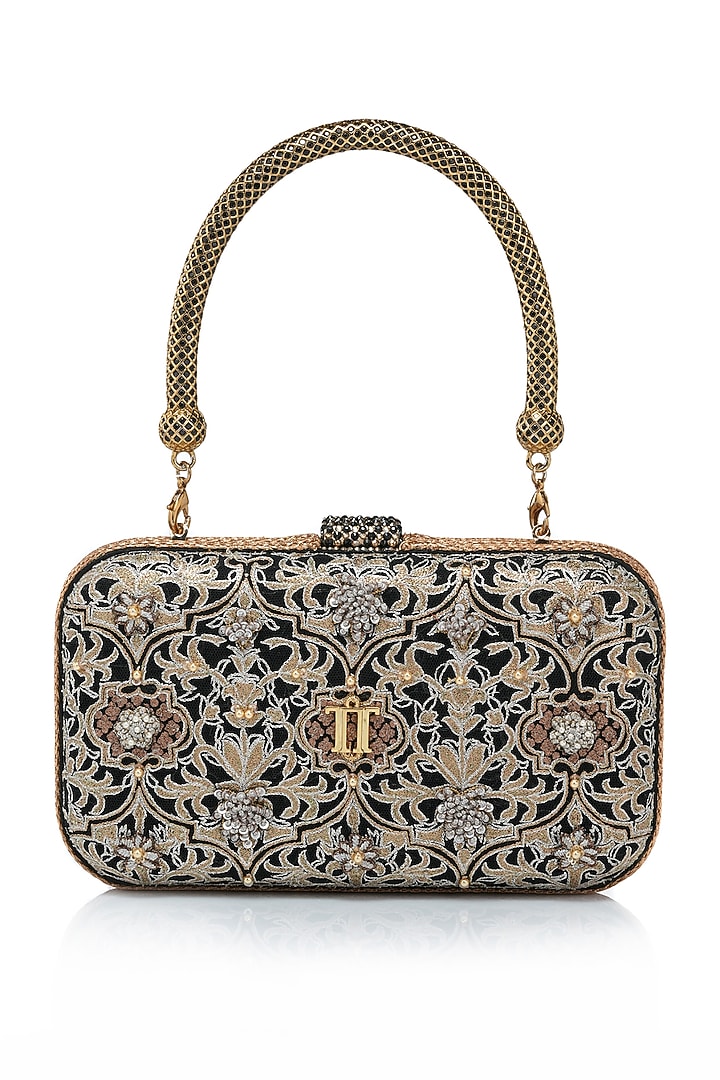Black Organza & Metal Beads Embroidered Clutch by Tarun Tahiliani Accessories at Pernia's Pop Up Shop