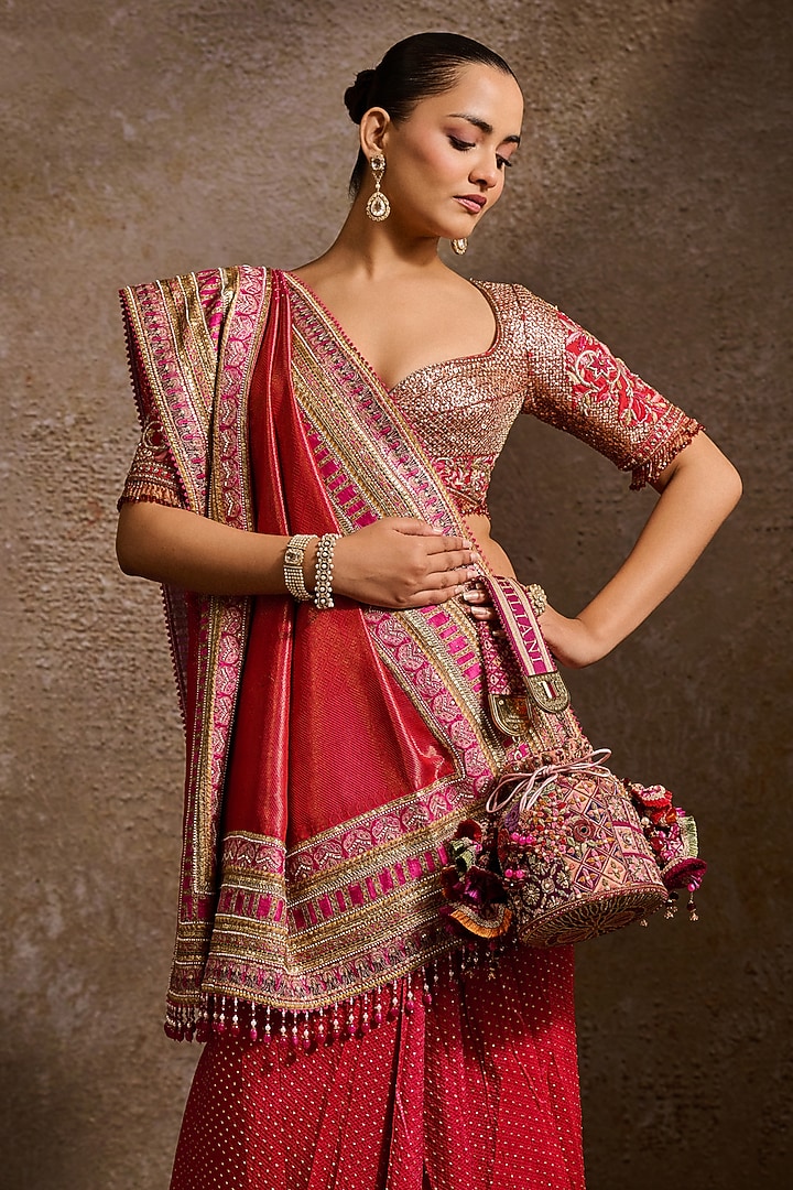 Fuchsia Double Viscose Georgette Kashida Embroidered Potli by Tarun Tahiliani Accessories at Pernia's Pop Up Shop