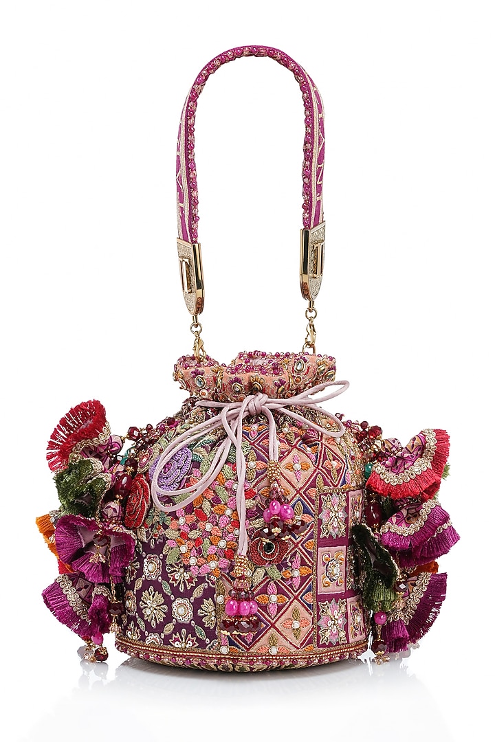 Fuchsia Double Viscose Georgette Kashida Embroidered Potli by Tarun Tahiliani Accessories at Pernia's Pop Up Shop