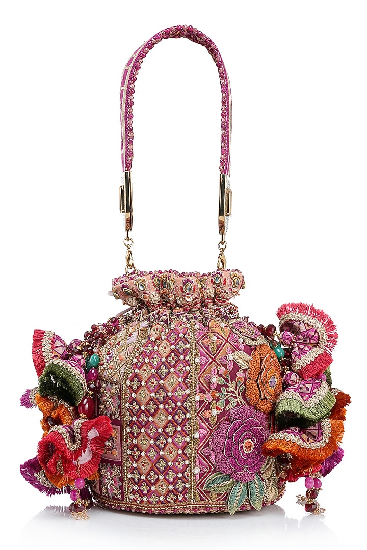 Fuchsia Double Viscose Georgette Kashida Embroidered Potli by Tarun Tahiliani Accessories at Pernia's Pop Up Shop