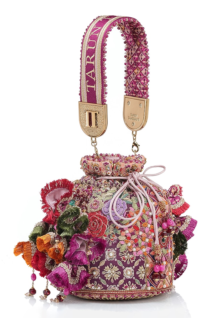 Fuchsia Double Viscose Georgette Kashida Embroidered Potli by Tarun Tahiliani Accessories at Pernia's Pop Up Shop