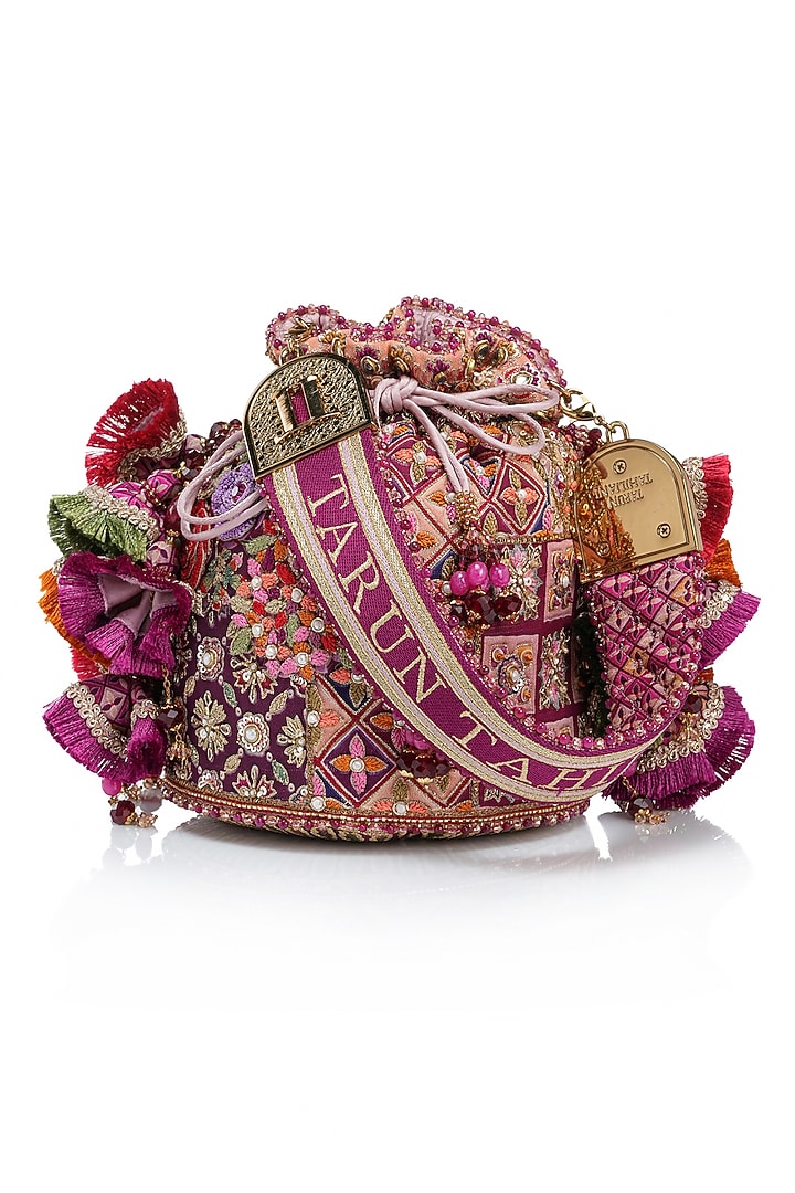 Fuchsia Double Viscose Georgette Kashida Embroidered Potli by Tarun Tahiliani Accessories at Pernia's Pop Up Shop