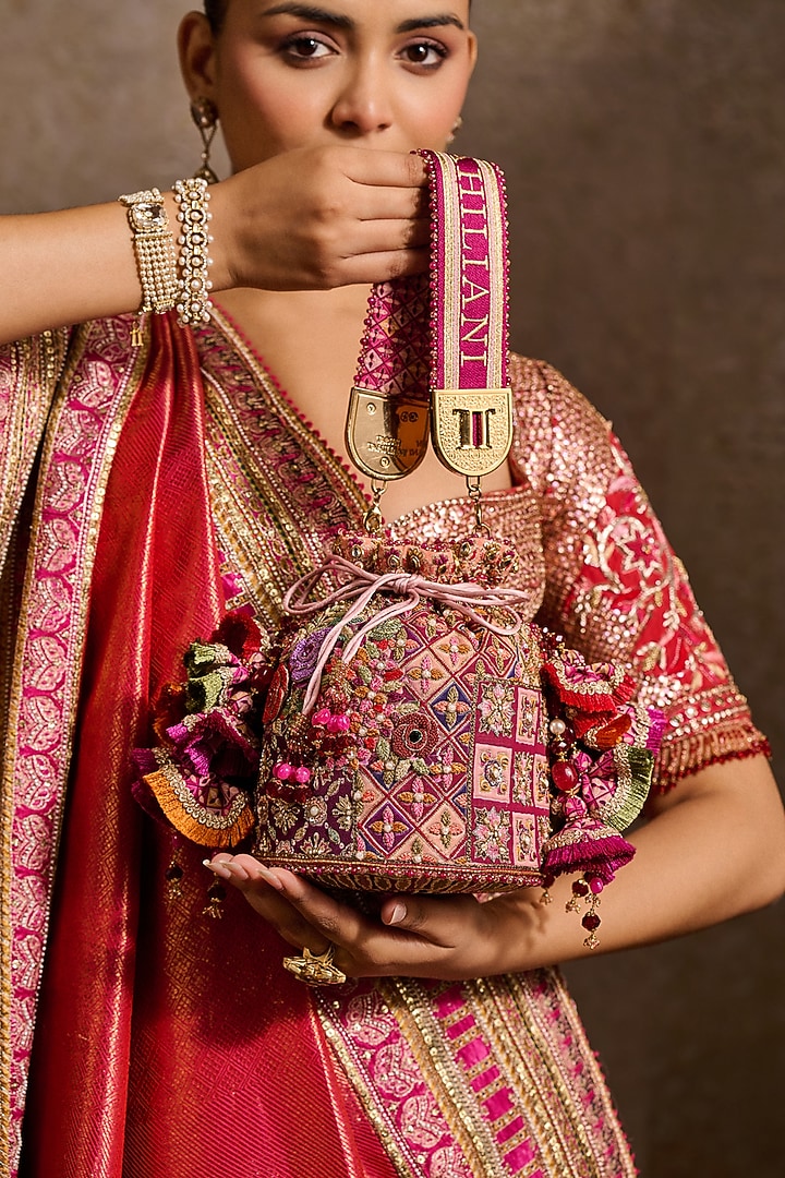 Fuchsia Double Viscose Georgette Kashida Embroidered Potli by Tarun Tahiliani Accessories at Pernia's Pop Up Shop