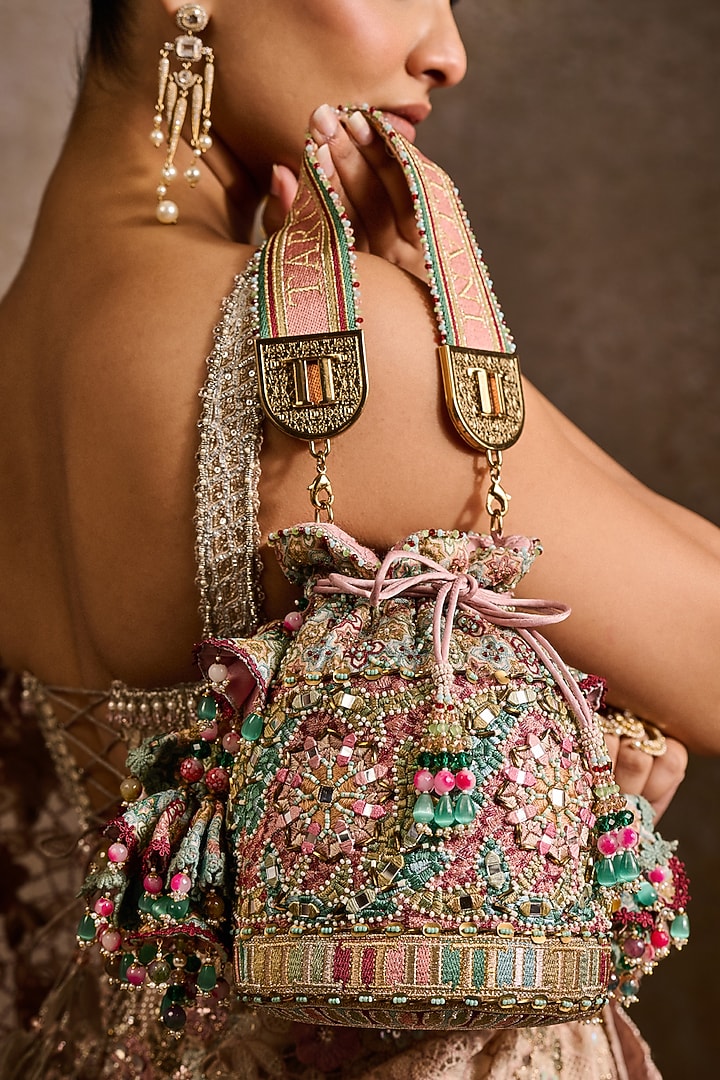 Multi-Colored Organza French Knot Embroidered Potli by Tarun Tahiliani Accessories at Pernia's Pop Up Shop