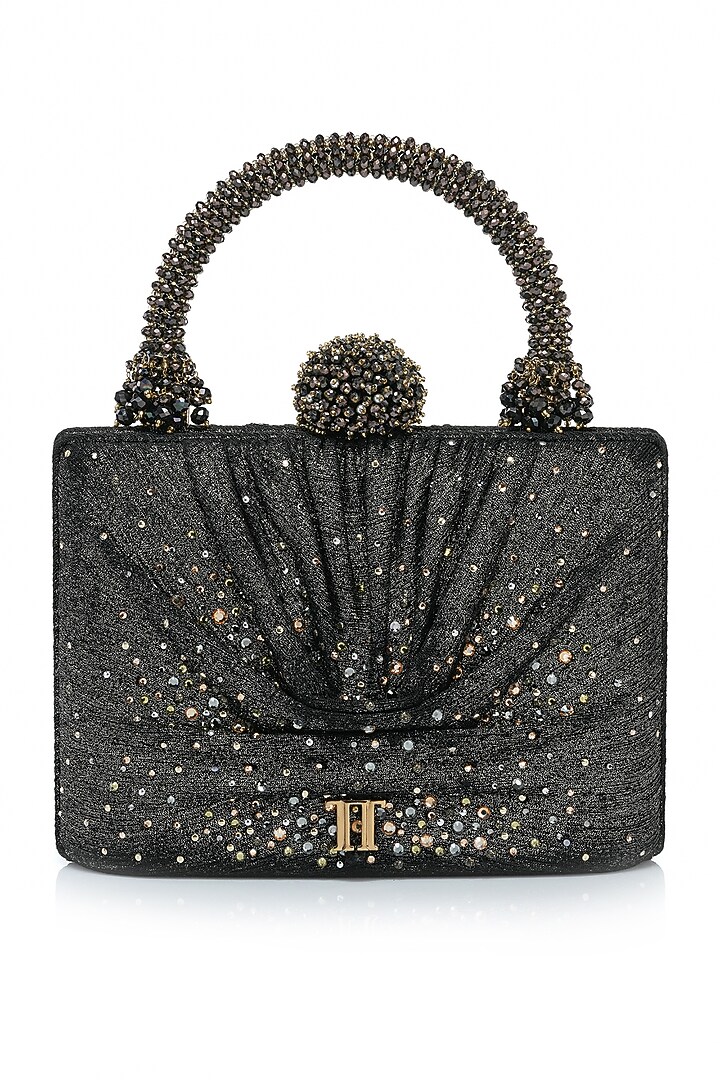 Metallic Black Foil Jersey Rhinestone Embellished Clutch by Tarun Tahiliani Accessories at Pernia's Pop Up Shop