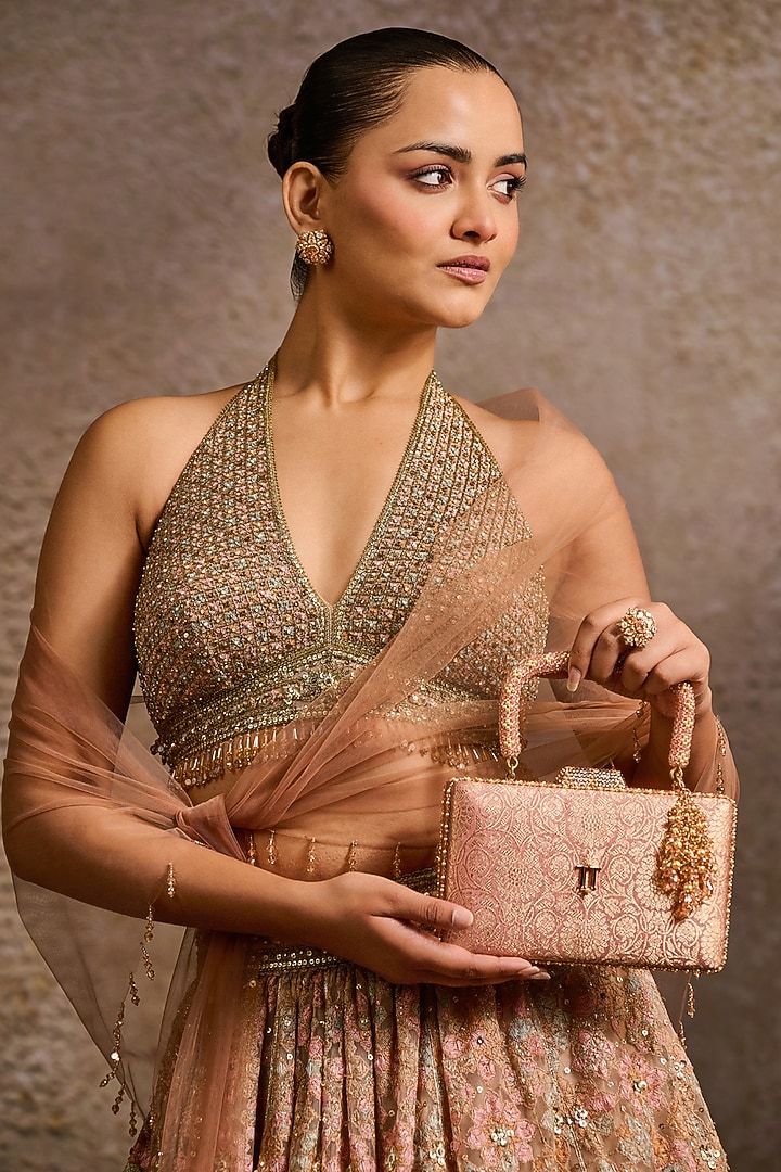 Salmon Brocade Hotfix Stone Clutch by Tarun Tahiliani Accessories at Pernia's Pop Up Shop