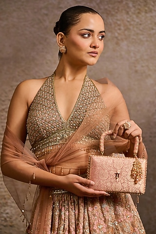Salmon Brocade Hotfix Stone Clutch by Tarun Tahiliani Accessories
