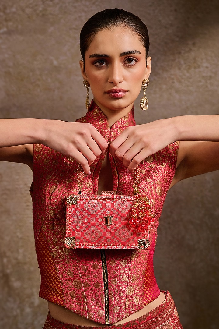 Dark Siam Brocade & Brass Metal Beaded Clutch by Tarun Tahiliani Accessories at Pernia's Pop Up Shop