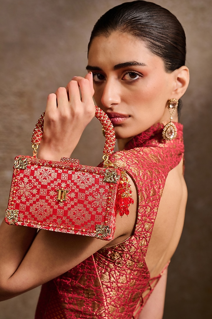 Dark Siam Brocade & Brass Metal Beaded Clutch by Tarun Tahiliani Accessories at Pernia's Pop Up Shop