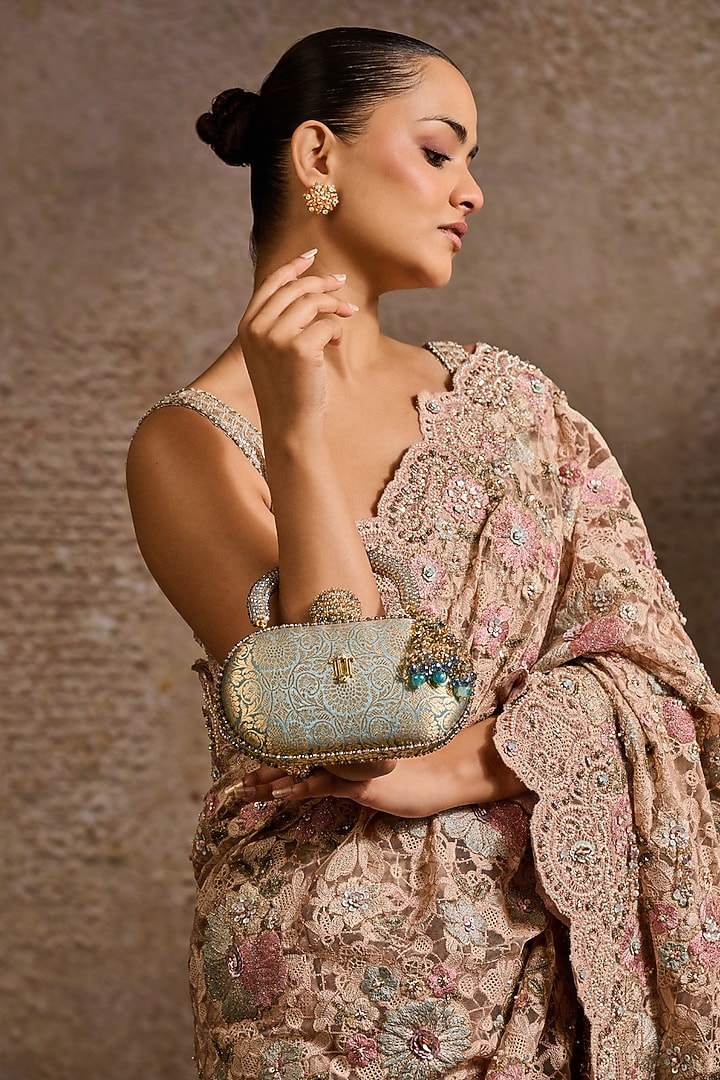Sage Green Brocade & Brass Metal Clutch by Tarun Tahiliani Accessories at Pernia's Pop Up Shop